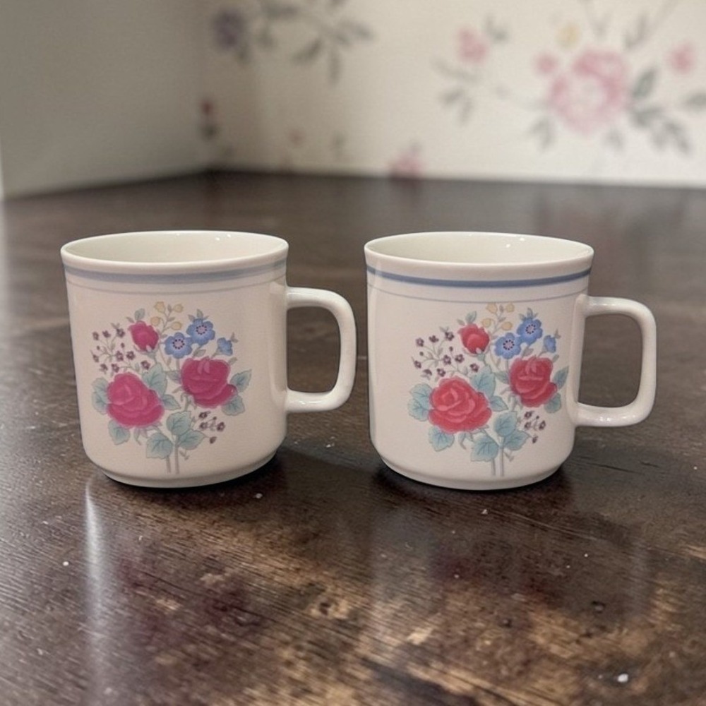 Gibson Style Stoneware Coffee Cups, Purple Blue Rose Design Mugs, Set of 2, Vtg